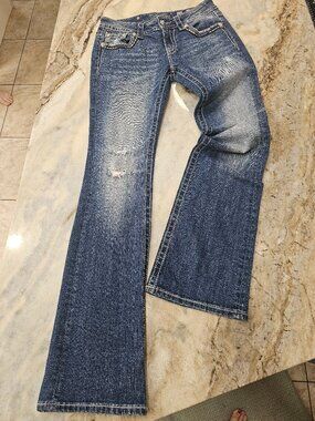 Miss Me Women's Boot Cut Jeans - Blue Wash with Whiskering. Size 28x34